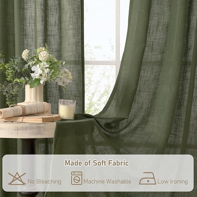 LAMIT Light Filtering Linen Curtains 68 inch for Bedroom, Linen Textured Semi Sheer Back Tab and Rod Pocket Boho Modern Christmas Decor Drapes for Living Room, Olive Green, 2 Panels, 52 x 68 Inch