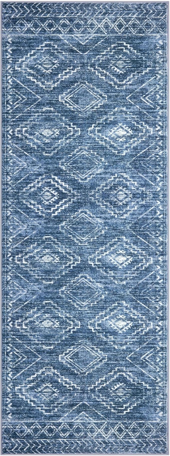 KILOCOCO Hallway Runner Rug 3x8 Runners for Hallways Washable Runner Rug Non Slip Rubber Backed Low-Pile Runners for Bedroom Kitchen Living Room Laundry Room Boho Rugs, Stonewashed Blue