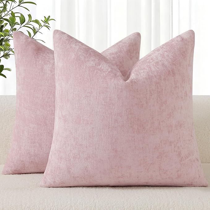decorUhome Chenille Blush Pink Christmas Throw Pillow Covers 20x20 Inch Set of 2, Decorative Soft Couch Pillow Covers Solid Dyed Accent Farmhouse Neutral Square Pillow Cases for Sofa