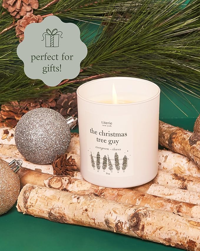 Literie NYC Inspired Scented Candle: The Christmas Tree Guy - Evergreen & Cloves Scent, 9oz, 50 Hour Burn, Vegan Soy & Coconut Blend Candle for Home Decor, Gift for Women & Men