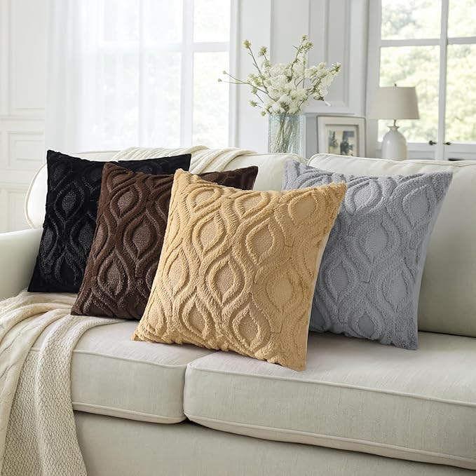 decorUhome Throw Pillow Covers 16x16 Inch Set of 2, Soft Plush Faux Wool Brown Solid Couch Pillow Covers, Accent Farmhouse Neutral Square Pillow Cases for Sofa Bed Living Room