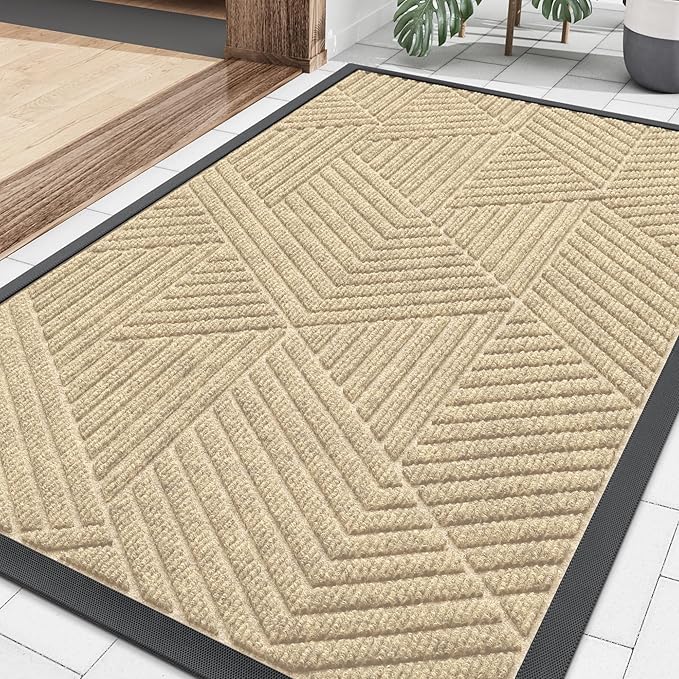 Smiry Front Door Mat Outside Entrance, Heavy Duty Sturdy Natural Rubber Doormat, Trap Dirt and Moisture, Easy Clean Low Profile Welcome Floor Mats for Indoor Outdoor Entry, 35X23 Inch, Cream White