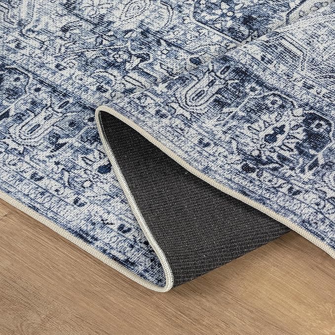 Bloom Rugs Washable Non-Slip 4' x 6' Rug - Ivory/Denim Blue Traditional Medallion Area Rug for Living Room, Bedroom, Dining Room, and Kitchen - Exact Size: 4' x 6'