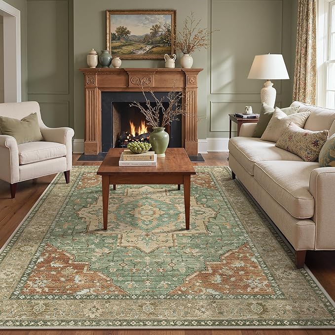 GENIMO 6x9 Area Rugs for Living Room, Machine Washable Non Slip Vintage Rugs, Low Pile Lightweight Chenille Print Rug for Bedroom, Dining Room, Home Office