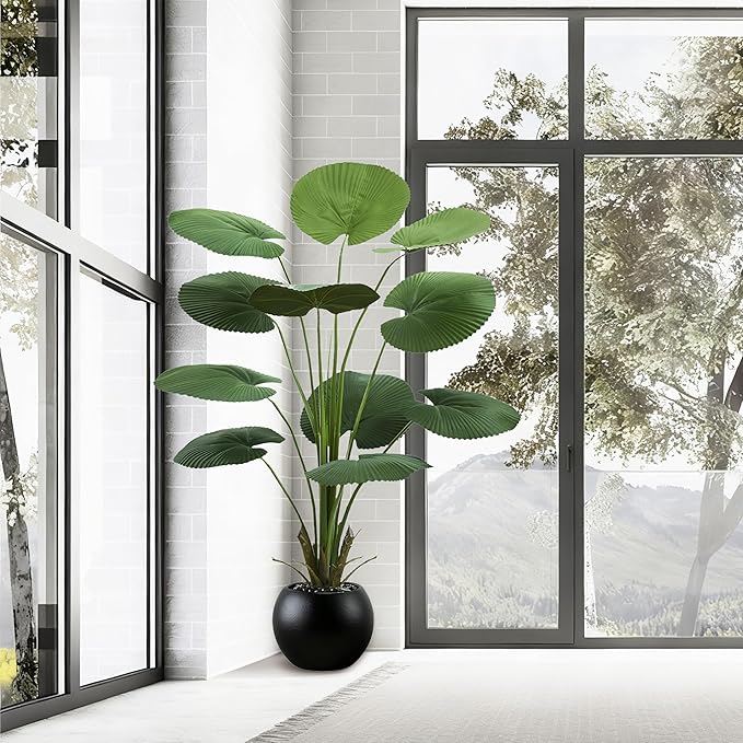 Artificial Fan Palm Tree: 5FT Fake Licuala Ruffled Fan Palm Plant Faux Tropical Plant Realistic Tall Floor Tree in Black Egg-Shaped Pot for Home Decor Office Patio Hotel Garden Indoor Outdoor