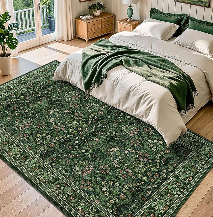 Woaboy Washable 5x8 Area Rug for Living Room Bedroom Dining Room Office, Non-Slip Low Pile Stain Resistant Soft Carpet for Vintage Christmas Floral Oriental Home Decor Grass Green