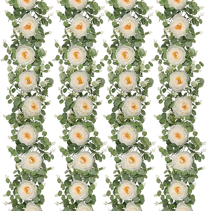 Dolicer 4Pcs 26Ft Artificial Eucalyptus Garlands with Flowers, Faux Floral Greenery Garlands Fake Flowers Vines for Wedding Table Centerpieces Arch Party Ceremony Backdrop Decor (White)