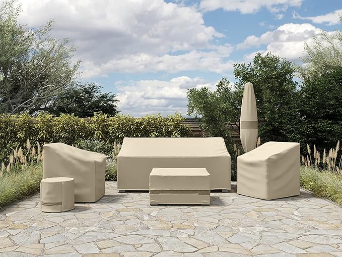 Covermates Outdoor Square Ottoman Cover - Water Resistant Polyester, Drawcord Hem, Mesh Vents, Seating and Chair Covers, 50W x 50D x 20H, Khaki
