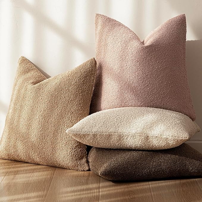Foindtower Set of 2, Decorative Textured Boucle Throw Pillow Covers Accent Solid Pillow Cases Neutral Soft Cozy Couch Cushion Case for Chair Sofa Bedroom Living Room Home Decor 18 x 18 Inch Light Pink