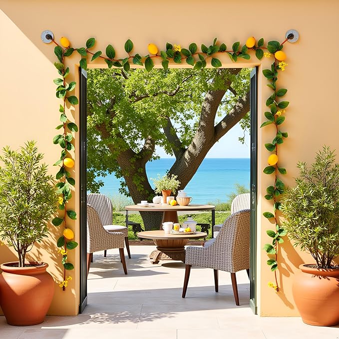 2PCS Artificial Lemon Garland (12Ft Total), Faux Fruit Vine with Greenery for Wedding Party, Wall Mantle Table Decor, Spring Summer Kitchen Door Decoration