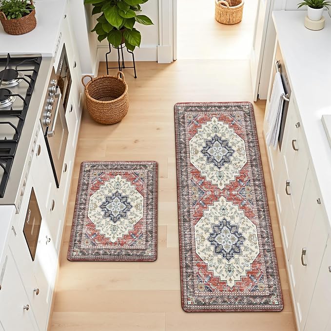 Boho Kitchen Mats for Floor 2 Piece Set Anti Fatigue Cushioned PVC Kitchen Rugs Non Slip Waterproof Farmhouse Mats 2/5 Inch Comfort Standing Mat for Sink, Laundry, 17.3"x59"+17.3"x28", Taupe Red
