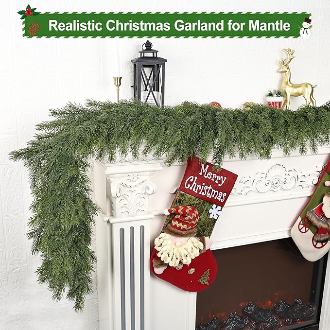 Artgar 6 Ft Realistic Christmas Cedar Garland, Thick Faux Green Garland, Real Touch Artificial Greenery Pine Garlands for Home Table Mantle Stairs Railing Window Outdoor Holiday Xmas Decor