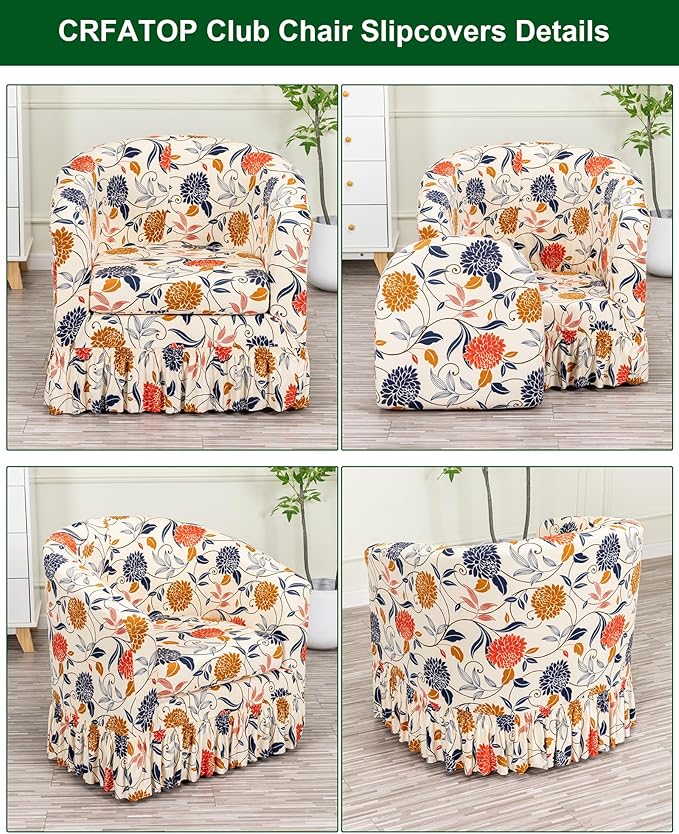 CRFATOP 2 Piece Club Chair Slipcover with Skirt Printed Tub Armchair Covers with Seat Cushion Cover Soft Printed Round Barrel Furniture Protector for Bar Counter Living Room,C16
