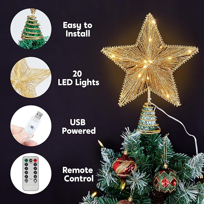 Joiedomi 9.5" Golden Christmas Star Tree Topper Radial Design, Metal Treetop Decorations with 20 LED Warm White, USB Powered Remote Control for Home Holiday Xmas Party Indoor Decor