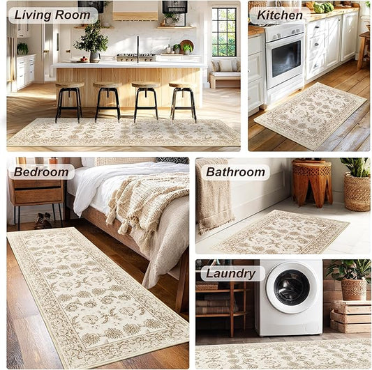 XWZO Runner Rug 2x10ft for Long Hallways, Washable Non-Slip Low Pile Area Rug with Rubber Backing, Spill Resistant Soft Vintage Floor Carpet for Kitchen Entryway Stair Landing Living Room, Beige