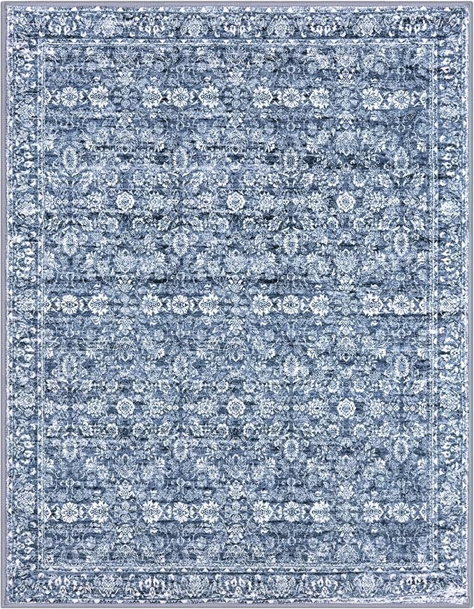 8x10 Area Rug Blue, Vintage Floral Large Washable Rug for Living Room Non-Slip Ultra Soft Bedroom Rug Tribal Traditional Farmhouse Carpet for Dining Room Office Home Décor
