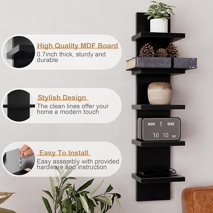 Fun Memories 5 Tier Wall Shelf Unit, Decorative Wall Mount Vertical Shelving, Floating Storage Home Decor Organizer Tall Tower Design Utility Shelving Bedroom Living Room, Black