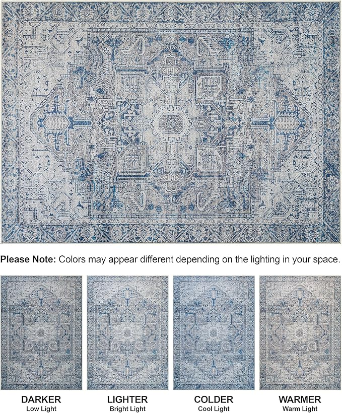 Bloom Rugs Washable Non-Slip 9' x 12' Rug - Blue/Gray Traditional Area Rug for Living Room, Bedroom, Dining Room, and Kitchen - Exact Size: 9' x 12'