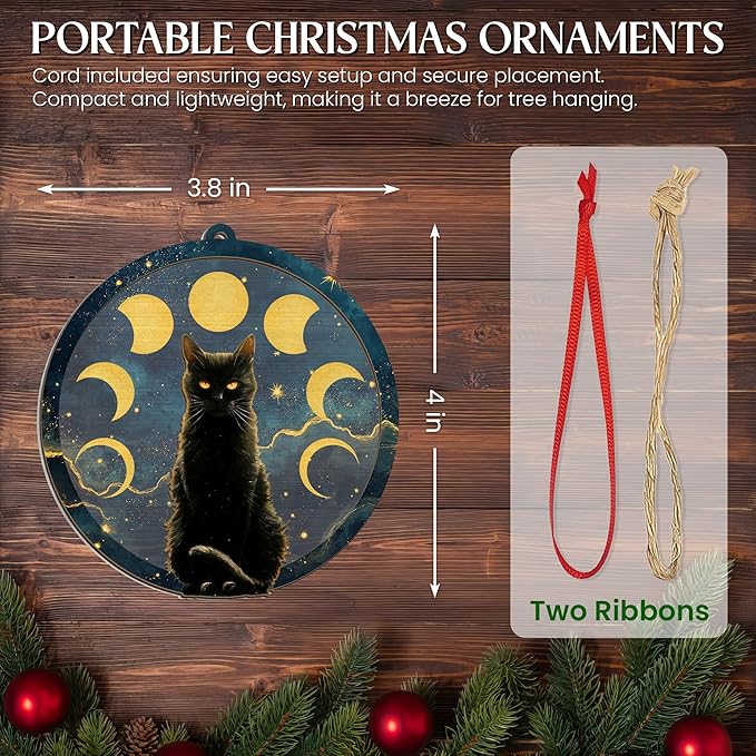 GEEMBI Christmas Black Cat Gifts for Women Men - Suncatcher Christmas Ornaments 2025 for Tree Decorations - Black Cat Ornament for Halloween, Witchy Mystical Gifts for Women, Moon Phase Gothic Decor