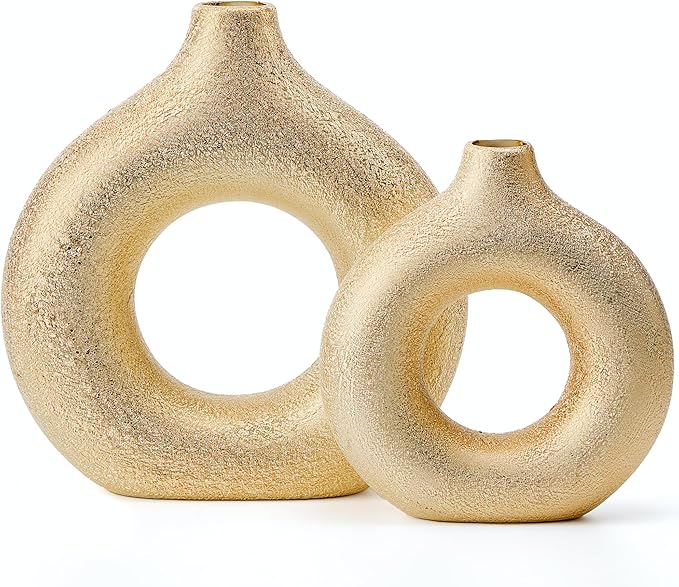 Modern Donut-Shaped Decorative Vases, Handmade Minimalist Boho ins Style, Modern Vase for Home Decor for Wedding Dinner Table Party Living Room Office Bedroom (Gold, Large + Small)