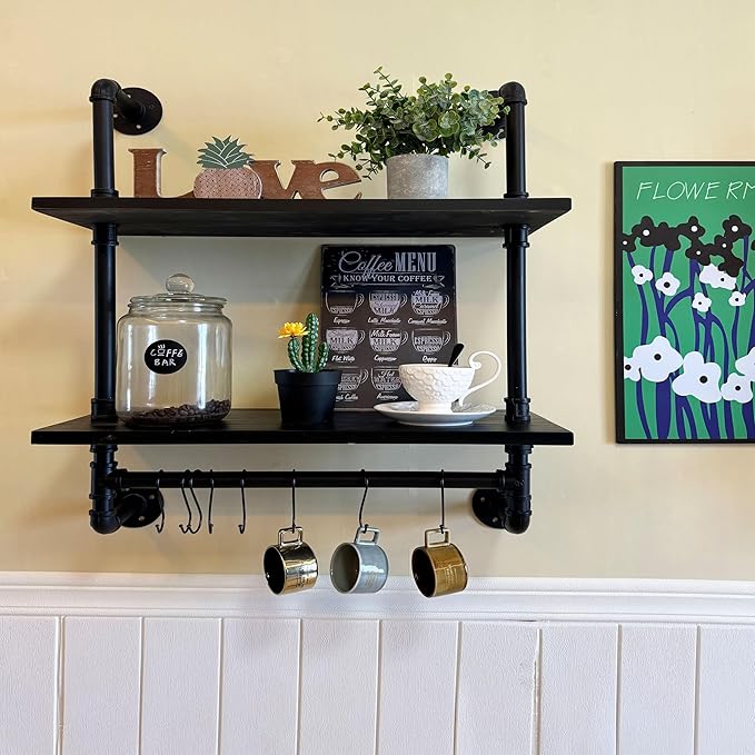 ROGMARS Industrial Pipe Bathroom Shelves Shelving,24" Black Floating Shelves for Bathroom with Towel Bar Hooks,Kitchen Wall Mounted Shelves Coffee Bar Shelf for Living Room Bedroom