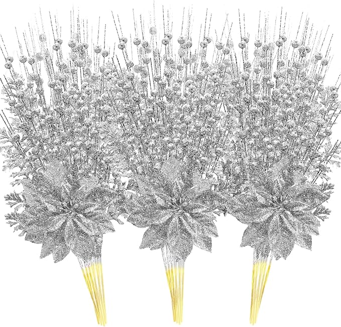 18 Pack Christmas Tree Ornaments Set, 17.5 Inch Silver Fake Christmas Picks Decorations with 2 Styles, Artificial Glitter Berry Stem Ornaments for Christmas Tree Wedding Small Vase Wreath Decor