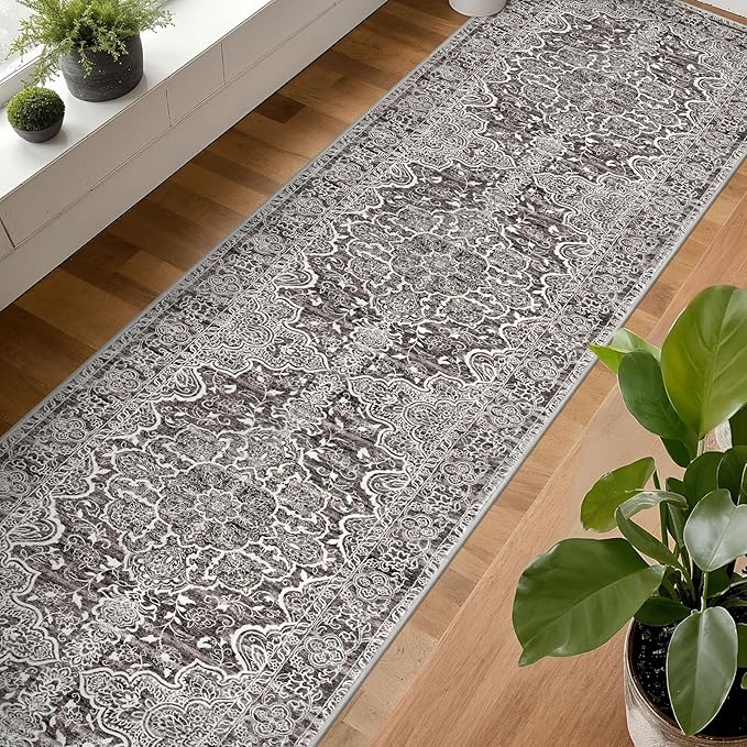 KUTA Vintage Washable Runners for Hallways 2.6x16, Non-Slip 16ft Extra Long Kitchen Runner Rug, Tan Grey Ultra Soft Printed Floral Medallion Stair Runners Indoor for Bedroom