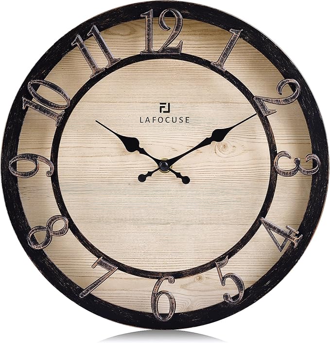 Lafocuse 12 Inch Silent Black Wall Clocks Battery Operated, Farmhouse Wall Clock for Kitchen Living Room, Rustic Home Décor