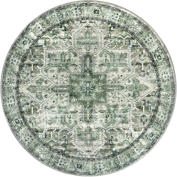 5' Round Washable Rug for Entryway, Green Soft Printed Area Rug, Non-Slip Kitchen Rugs, Low-Pile Medallion Indoor Door Mat, Small Farmhouse Carpet for Entrance Kitchen Foyer Bedside