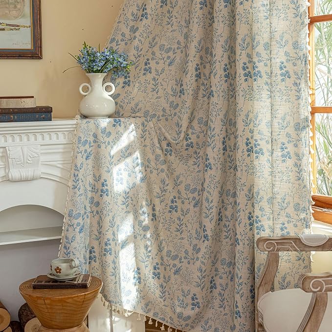 OYX French Beige and Blue Floral Curtains 96 Inch Long 2 Panels for Living Room, Navy Flower Patterned Light Filtering Farmhouse Drapes for Bedroom, Vintage Rustic Country Rod Pocket WindowTreatments