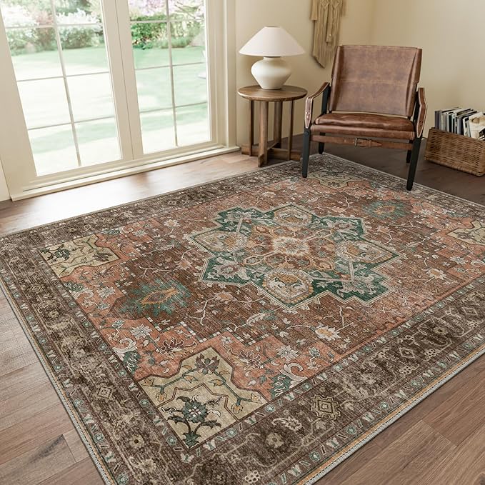 GENIMO 8x10 Area Rugs for Living Room, Machine Washable Non Slip Vintage Rugs, Low Pile Lightweight Chenille Print Rug for Bedroom, Dining Room, Home Office, Rosewood