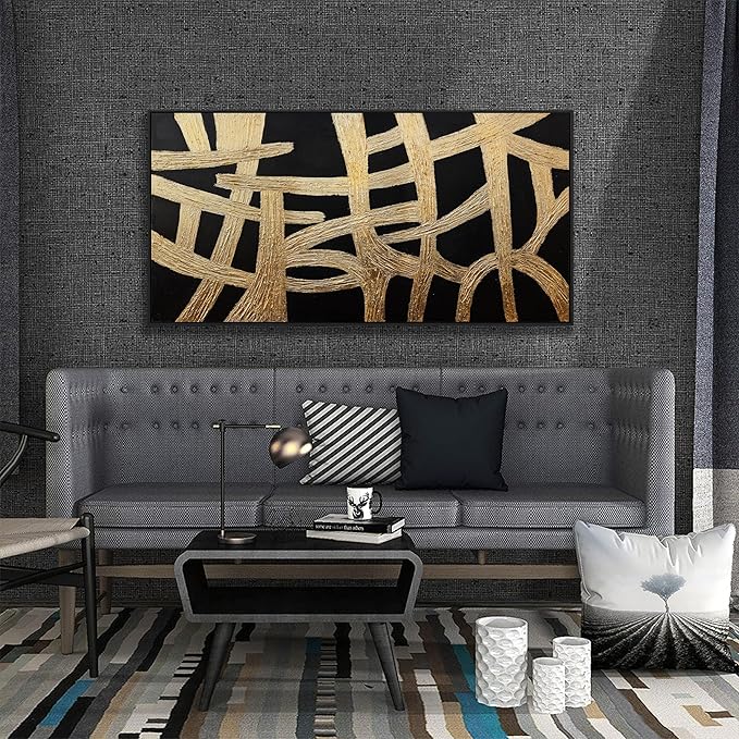 Abstract Wall Art Small Size Black And Gold Lines Texture Artwork Framed Home Decoration Artwork Decor Modern Minimalist Canvas Painting Living Room Decor For Bedroom Office Wall Decor 20"X40"