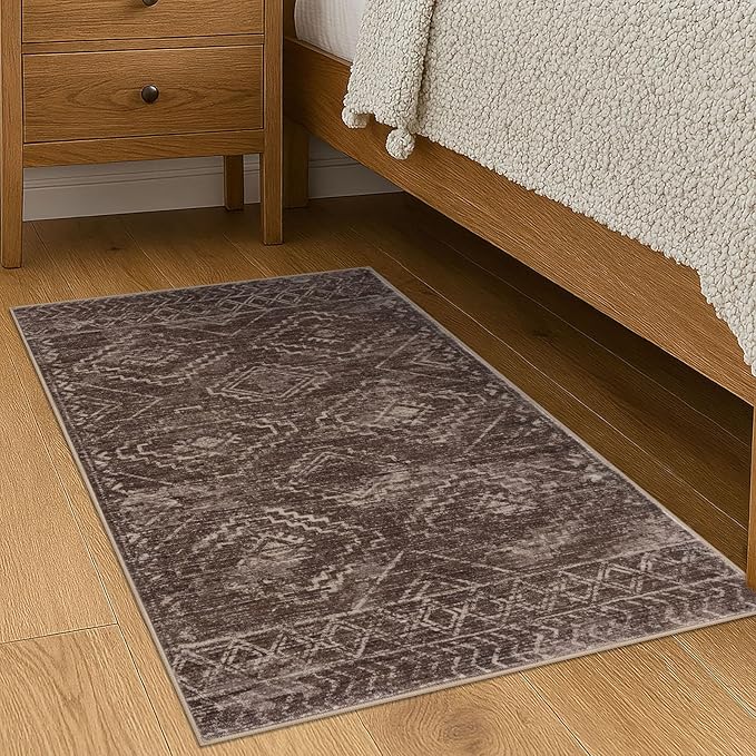 KILOCOCO Boho Entryway Rug 2x3 Printed Small Area Rug Indoor Door Mat Machine Washable Kitchen Rugs Soft Non Slip Throw Rugs for Bedroom Entrance Geometric Laundry Room, Rust Red/Brown