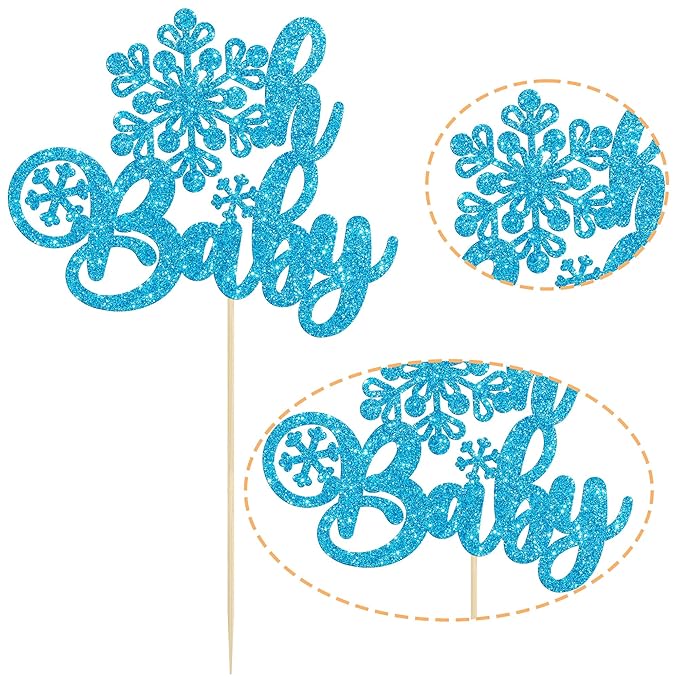 Gyufise 1 Pack Oh Baby Cake Topper Glitter Snowflake Baby Shower Cake Pick Decorations for Winter Theme Kids Birthday Party Supplies Blue