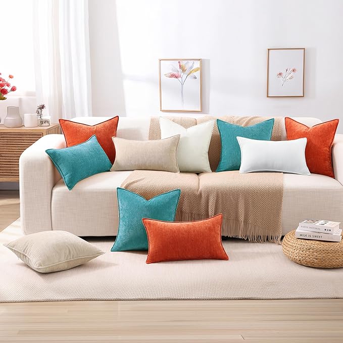 decorUhome Christmas Couch Throw Pillow Covers 26x26 Set of 2, Decorative Soft Euro Velvet Neutral Chenille Pillow Covers with Elegant Design for Sofa Bed Living Room Home Decor, Teal