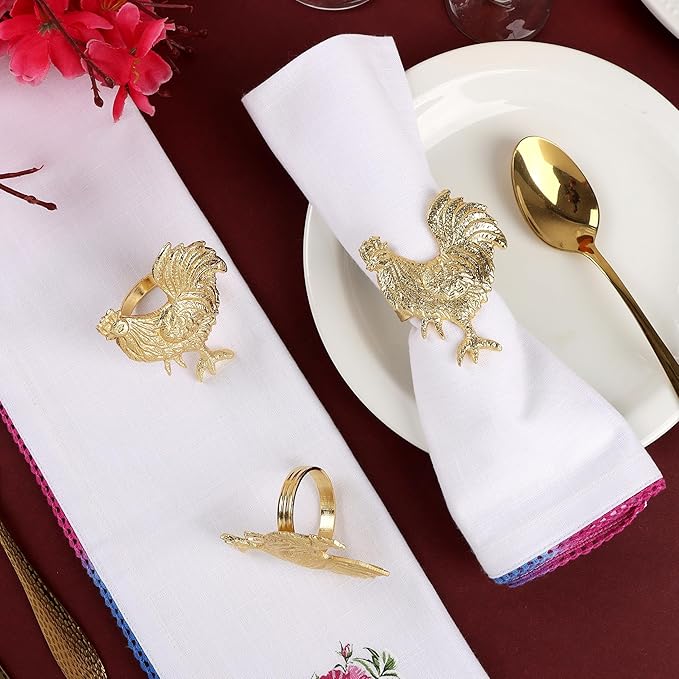 ALPHA Living HOME Set of 12 Rooster Napkin Rings for Farmhouse Table Decor | Premium Metal Chicken Dinnerware Holders | Rustic Kitchen & Holiday Party Table Setting (Gold)