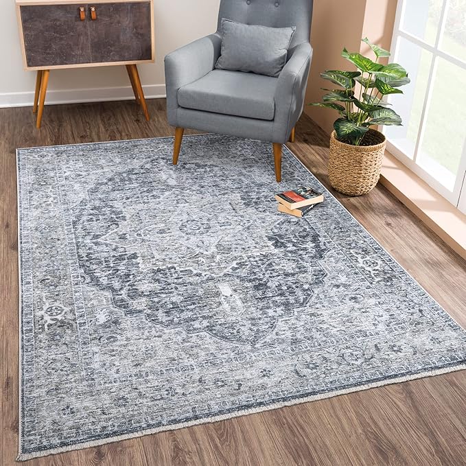 Bloom Rugs Caria Washable Non-Slip 5x7 Rug - Gray/Dark Blue Traditional Area Rug for Living Room, Bedroom, Dining Room, and Kitchen - Exact Size: 5' x 7'