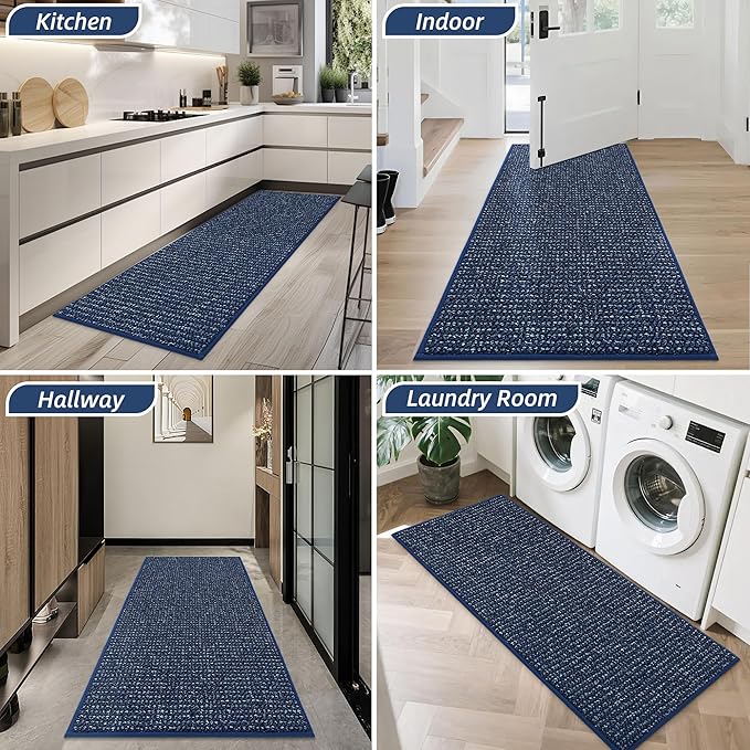 BEQHAUSE Dirt Trapper Door Mat 20" x 48", Non-Slip Washable Doormats Entrance Mat, Dirt Resistant and Absorbent Welcome Mat, Low Profile Floor Mats for Front Back Door and Entryway, Blue