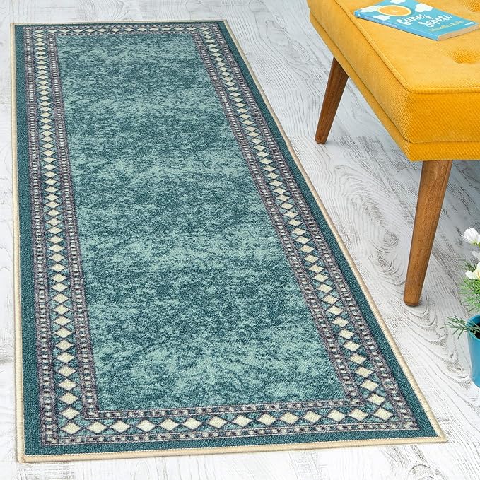Antep Rugs Alfombras Modern Bordered 2x10 Non-Skid (Non-Slip) Low Profile Pile Rubber Backing Indoor Area Runner Rugs (Blue, 2' x 10')