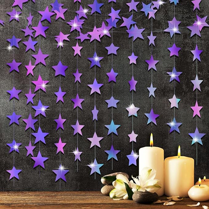 Patelai Glitter Star Garland Banner 2026 New Years Decor 130 Feet Star Hanging Banner Twinkle Backdrop for Birthday Classroom Wedding Christmas Party Supplies(Holographic Purple)