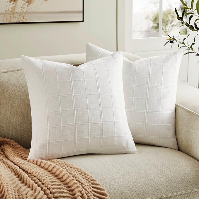 ZeeMart Linen Checked Throw Pillow Covers Set of 2, 20x20 Inch White/Natural White, Farmhouse Decorative Single Sided Grid Embroidered Couch Pillow Cases Cotton Linen Cushion Covers