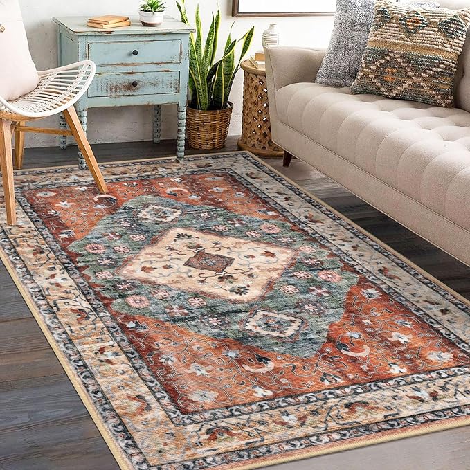 KOZYFLY Boho Area Rug 3x5 Ft Rugs for Entryway Washable Entry Rug Non Slip Door Mat Indoor Entrance Rust/Orange/Blue Printed Faux Wool Vintage Kitchen Rug Throw Rugs for Entrance Kitchen Living Room