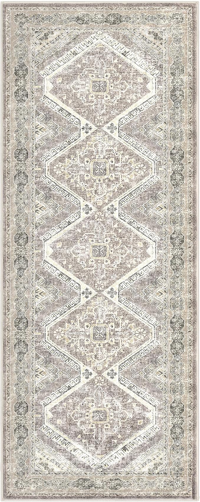 KUTA Oriental Washable Runner Rug, 2.6x8 Runners for Hallways Non-Slip Vintage Ivory Grey Yellow Brown Kitchen Runners Ultra Soft Printed Distressed Tribal 8ft Floor Carpet Rugs for Stairway Bedroom
