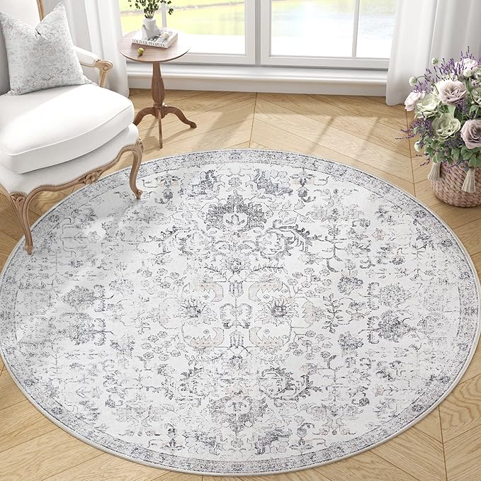 jinchan Kalen Round Rug 5ft Area Rug Washable Vintage Indoor Retro Entryway Floor Cover Distressed Gray Floral 5' Round Circle Boho Non Slip Thin Carpet for Bedroom Living Room Dining Room Grey