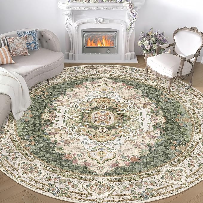 Green Round Rug 9ft,Large Circle Area Rugs for Bedroom Living Room Dining Room,Washable Boho Vintage Bohemian Distressed Oriental Carpet Non Slip,Sage Floral