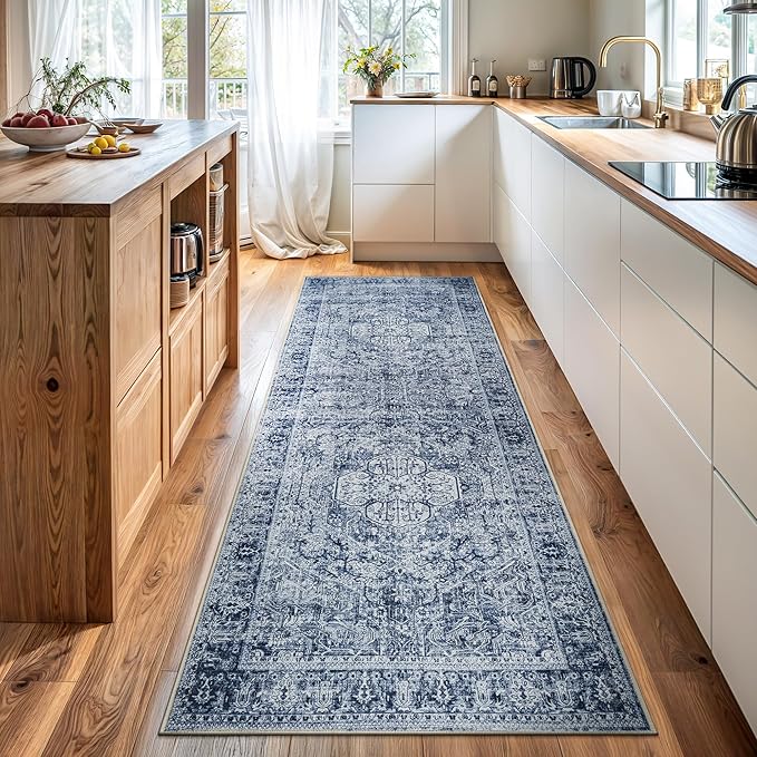 Bloom Rugs Washable Non-Slip 12 ft Runner - Ivory/Denim Blue Traditional Medallion Runner for Entryway, Hallway, Bathroom, and Kitchen - Exact Size: 2.5' x 12'