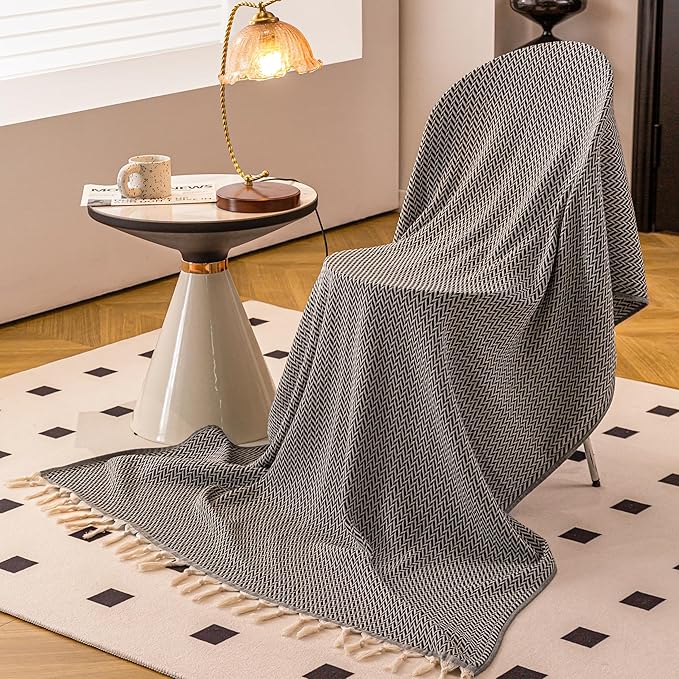 Peshtemania Premium Cotton Light Weight Boho Throw Blanket 50”x60” Gray Black and Off White for Bed Chair Couch Farmhouse Turkish Throws for Sofa Bedroom Outdoor Fall Throw Blanket Yoga Blanket