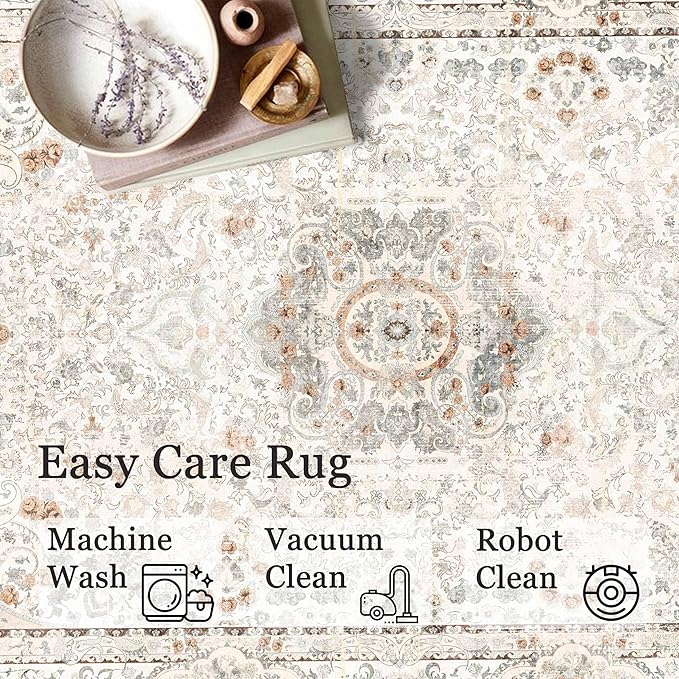 6x9 Area Rugs Washable,Boho Rug for Living Room Bedroom Kitchen,Large Vintage Bohemian Distressed Carpet Non Slip,Beige