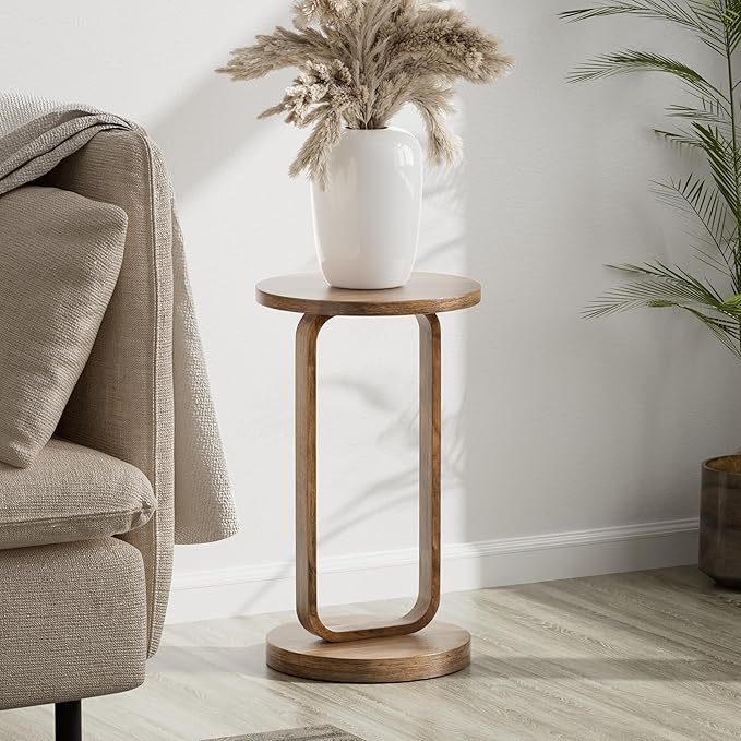 COZAYH Farmhouse Round End Table, Minimalist Small Drink Table, Rustic Plant Stand for Living Room or Bedroom, Boho, Natural Wood Color