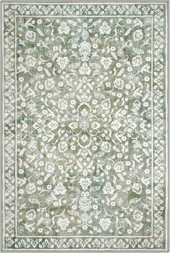 Vintage Area Rug 6x9, Sage Green Beige Non-Slip Soft Area Rug Living Room Thin Printed Faux Wool Floor Super Soft Carpet Throw Rugs for Bedroom Dining Room Playroom Indoor Office